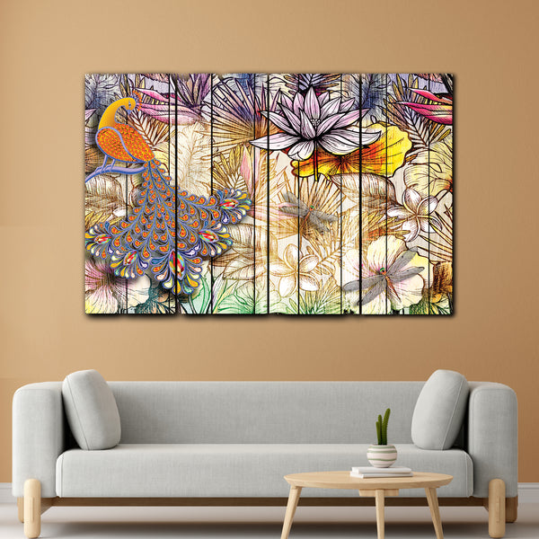 Peacock And Floral In 4 Panel Painting