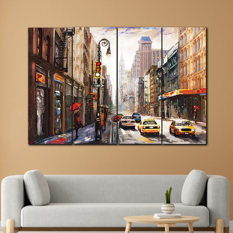 New York | City Woman Red Umbrella Yellow Taxi Art In 4 Panel Painting