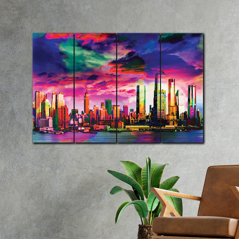 Colored Silhouette of the City In 4 Panel Painting