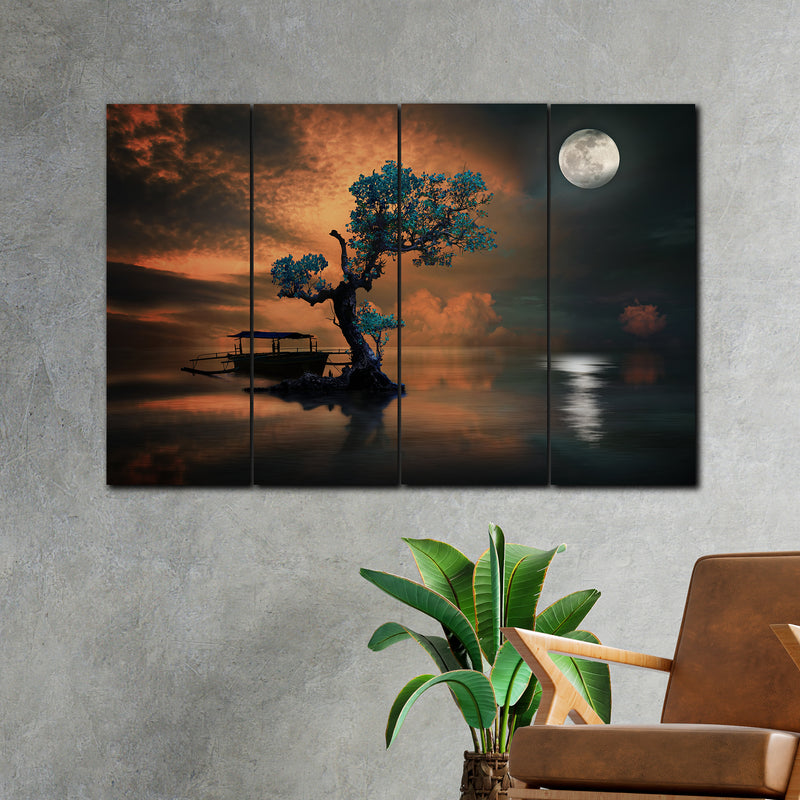 Abstract Tree Under Moonlight In 4 Panel Painting