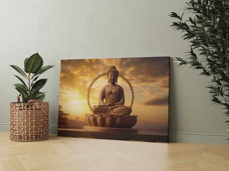 Buddha Statue And Sun Rise Canvas Wall Painting