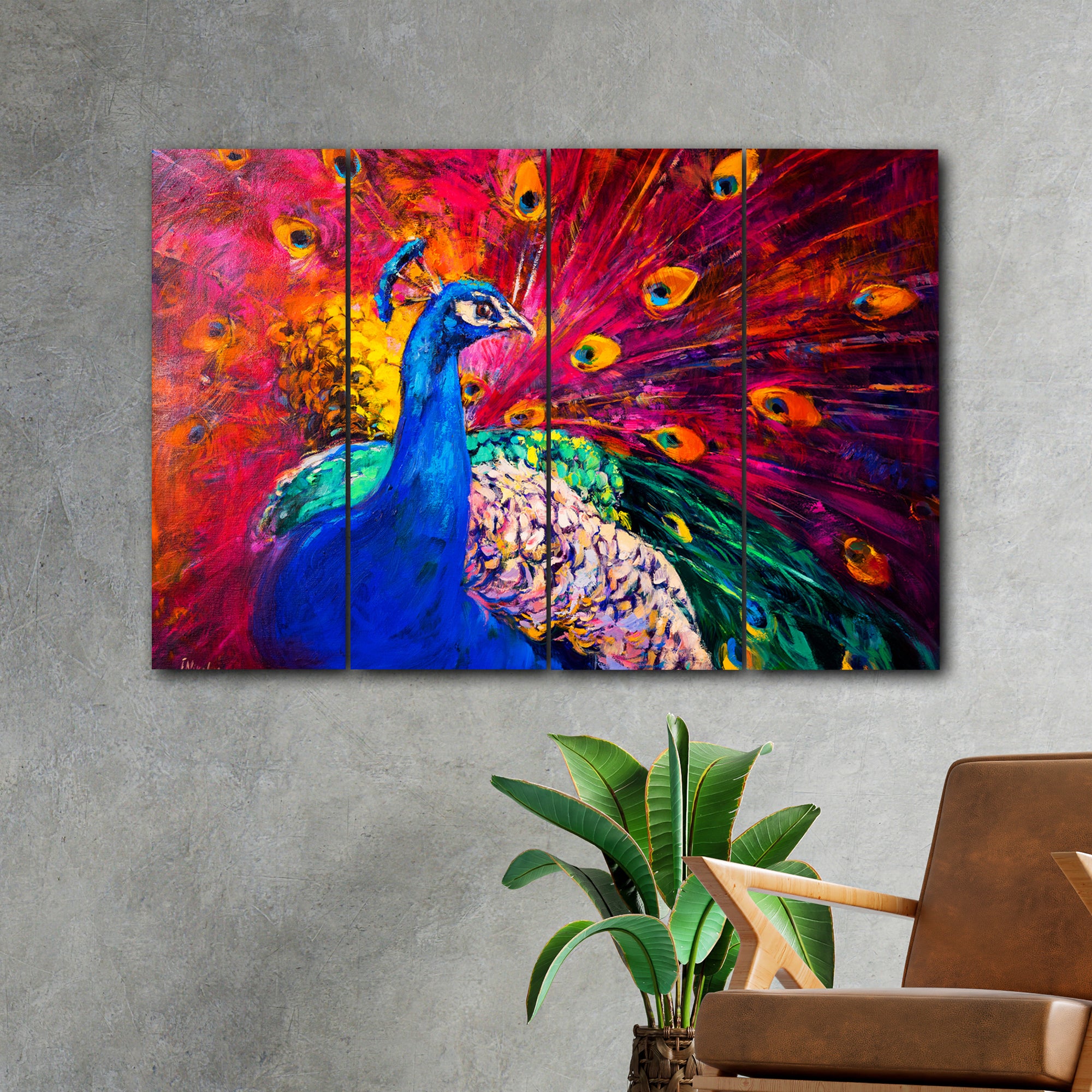Abstract Vivid Peacock In 4 Panel Painting