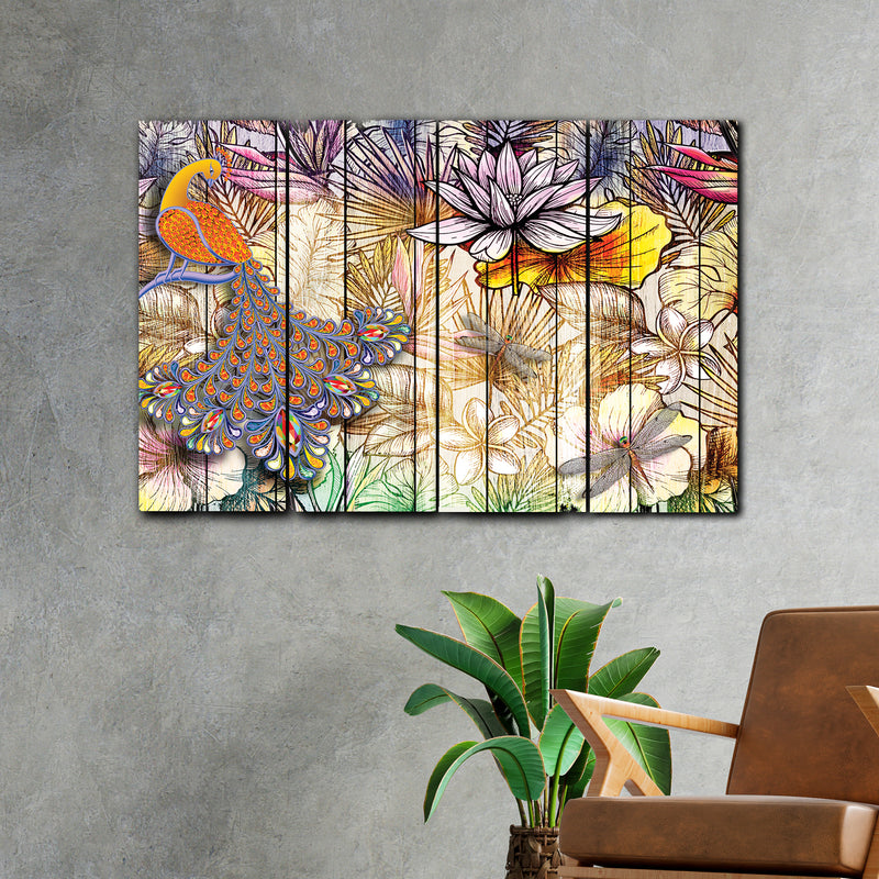 Peacock And Floral In 4 Panel Painting