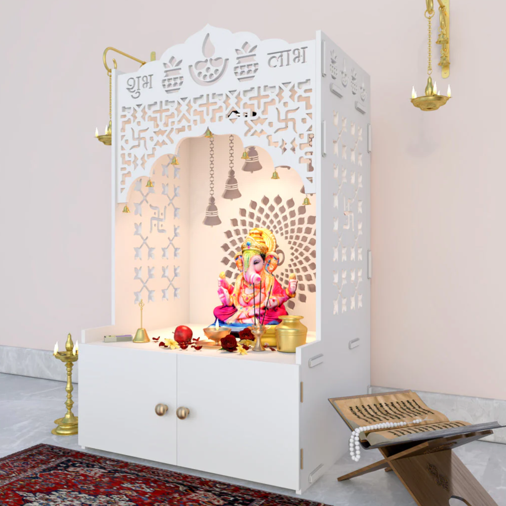 Subh Labh Divine Wooden Floor Temple with Spacious Shelf & Inbuilt Focus Light- White