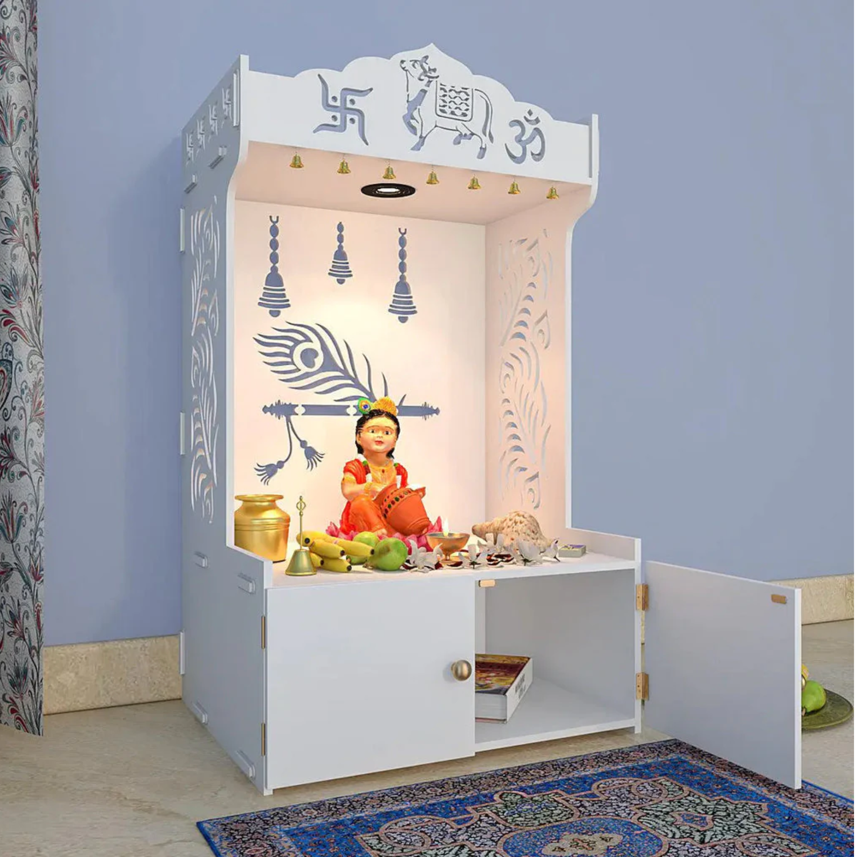 Krishna Murli Divine Wooden Floor Temple with Spacious Shelf & Inbuilt Focus Light- White