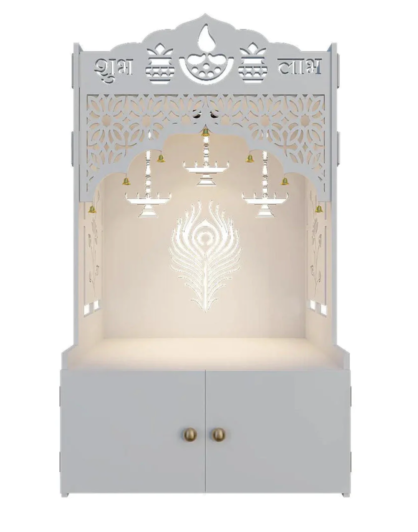 Shub Labh And Peacock Feather Intricate Jali Wooden Floor Temple with Spacious Shelf & Inbuilt Focus Light- White