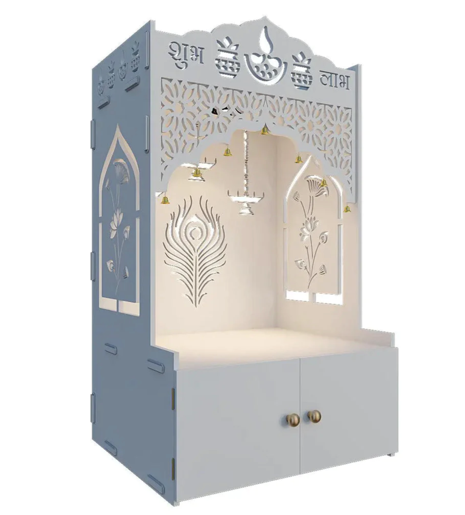 Shub Labh And Peacock Feather Intricate Jali Wooden Floor Temple with Spacious Shelf & Inbuilt Focus Light- White