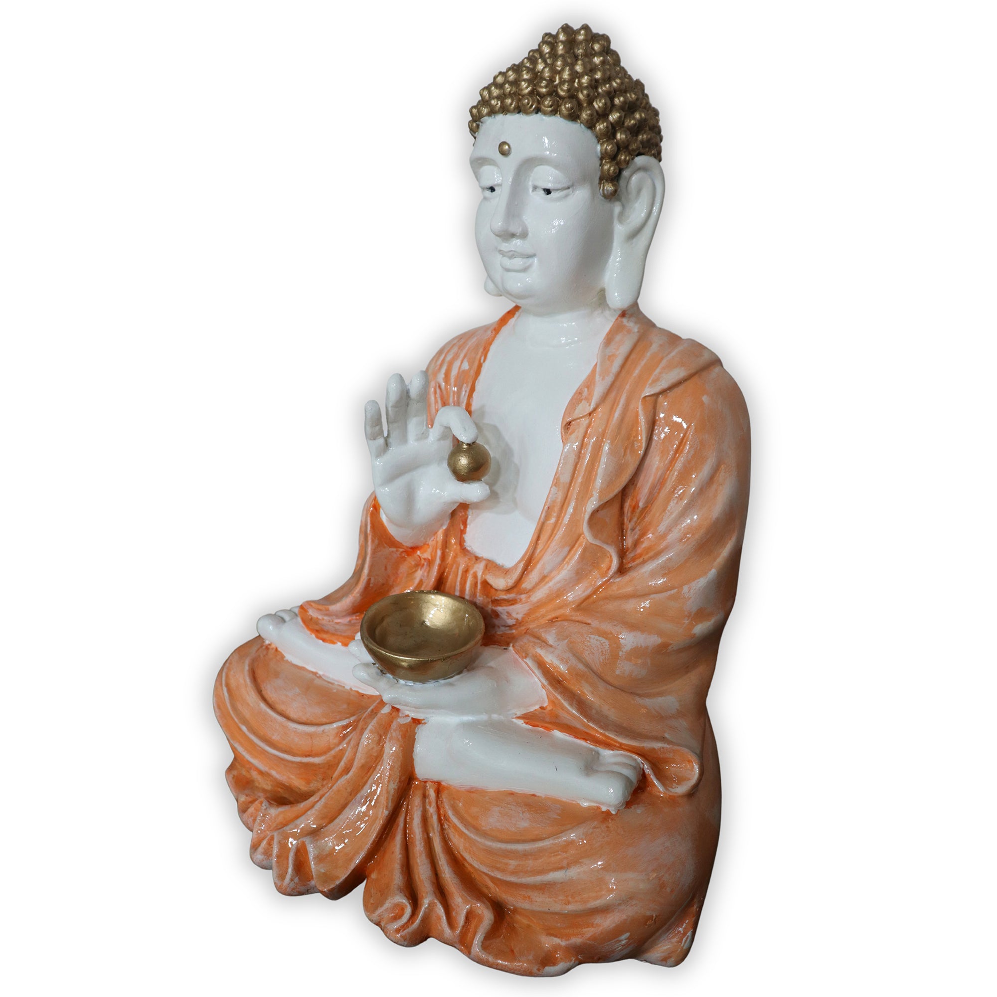 White And Orange Sitting Buddha Idol Statue Showpiece