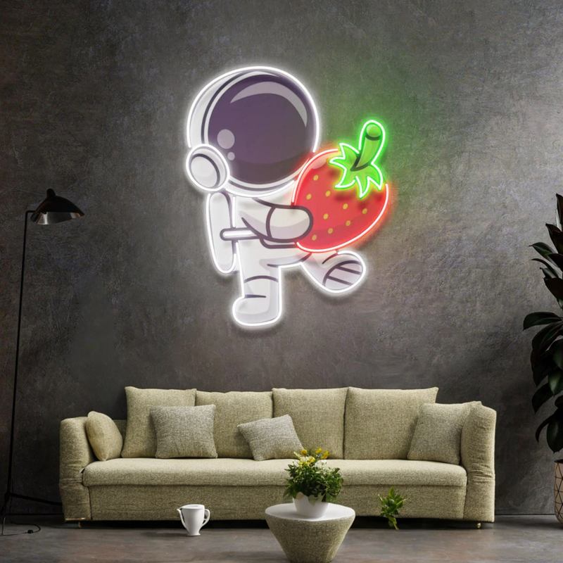 Astronaut Holding Strawberry Acrylic Artwork Led Neon Light