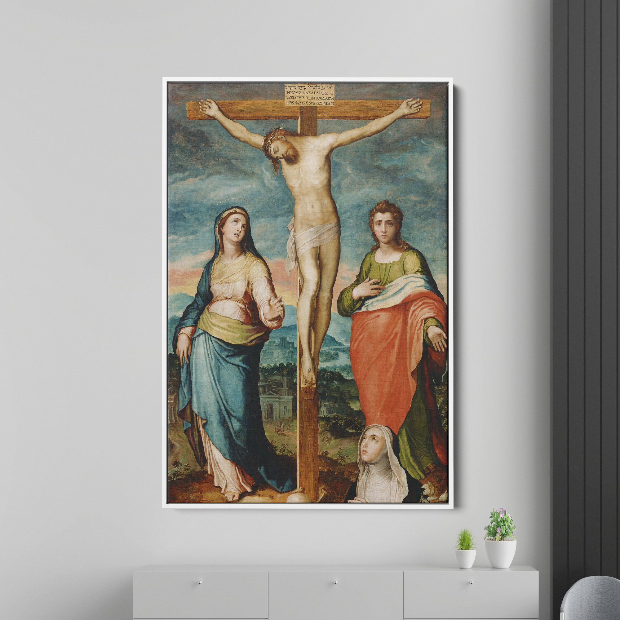 Christ on the Cross with Saints Mary Canvas Wall Painting