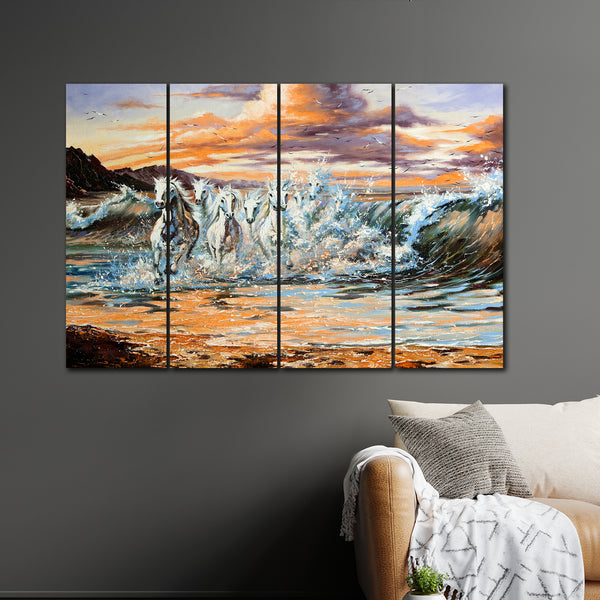 Horses Running in Sea of Waves In 4 Panel Painting