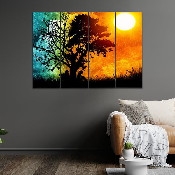 Night And Day Fantasy Scenery In 4 Panel Painting