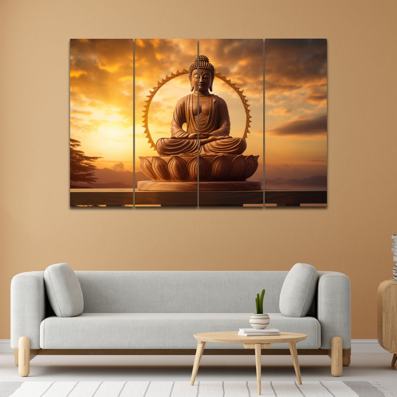 Buddha Statue And Sun Rise In 4 Panel Painting