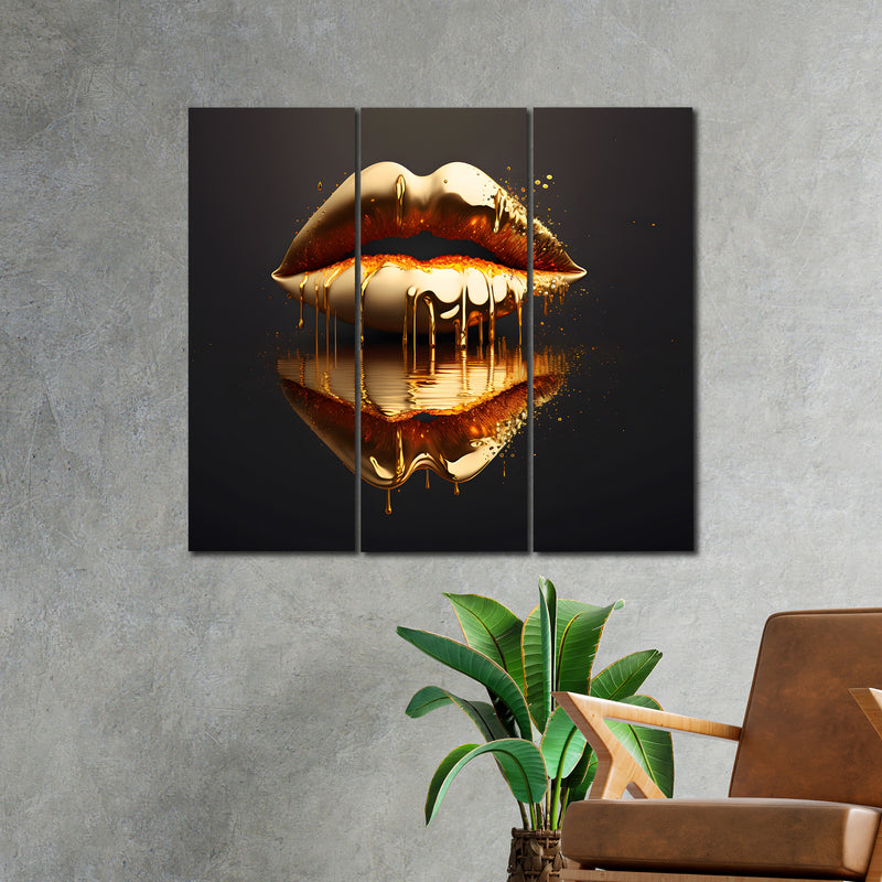 Golden Lips In 3 Panel Painting