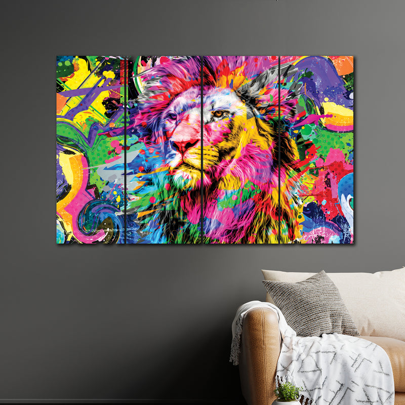 Colorful Lion In 4 Panel Painting