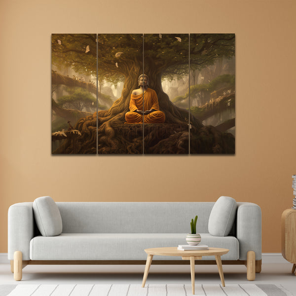 Meditating Lord Buddha In 4 Panel Painting