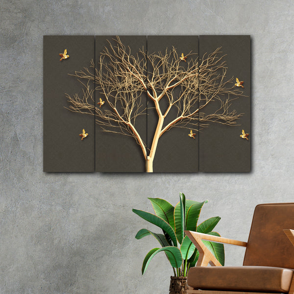 Golden Embossed Tree With Golden Birds  In 4 Panel Painting