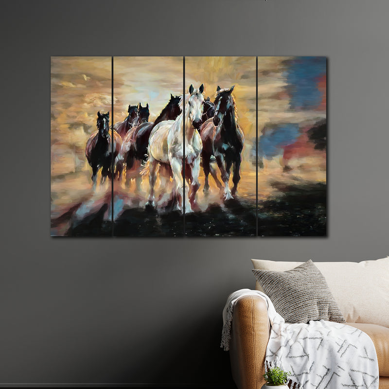 Seven Runing Horses In 4 Panel Painting