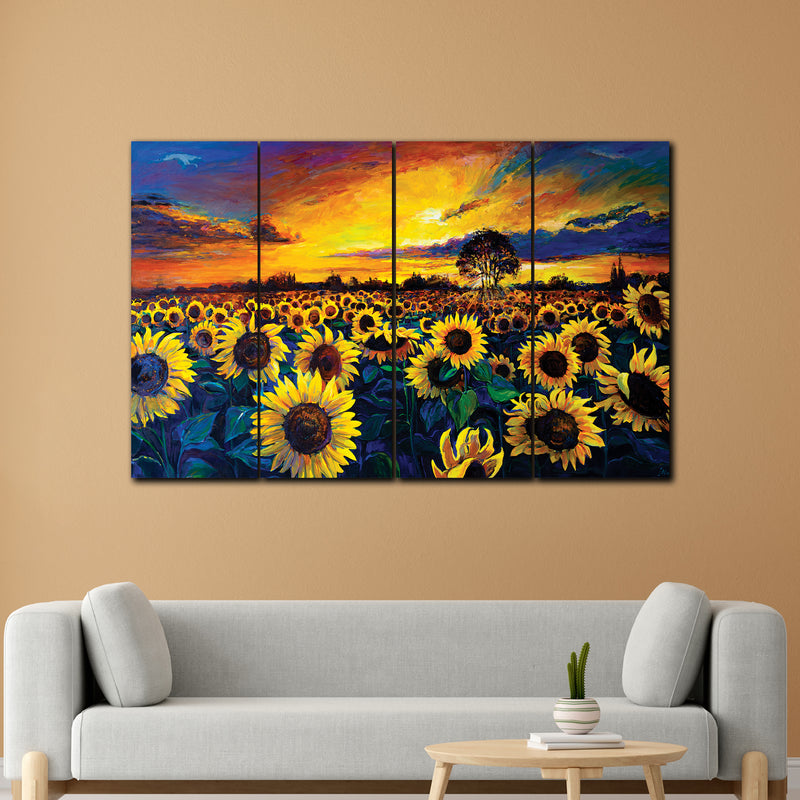 Abstract Beautiful Sunflower Field In 4 Panel Painting