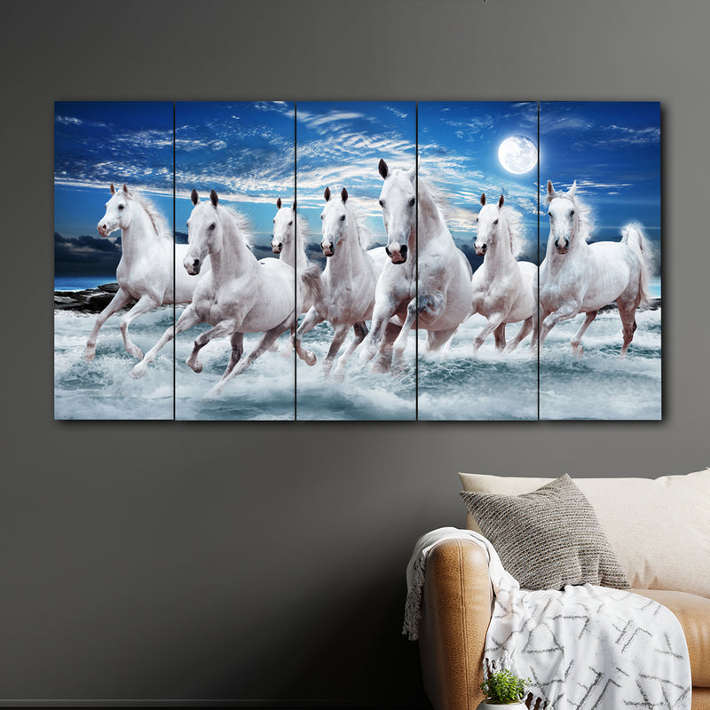 White Seven Horses In 5 Panel Painting