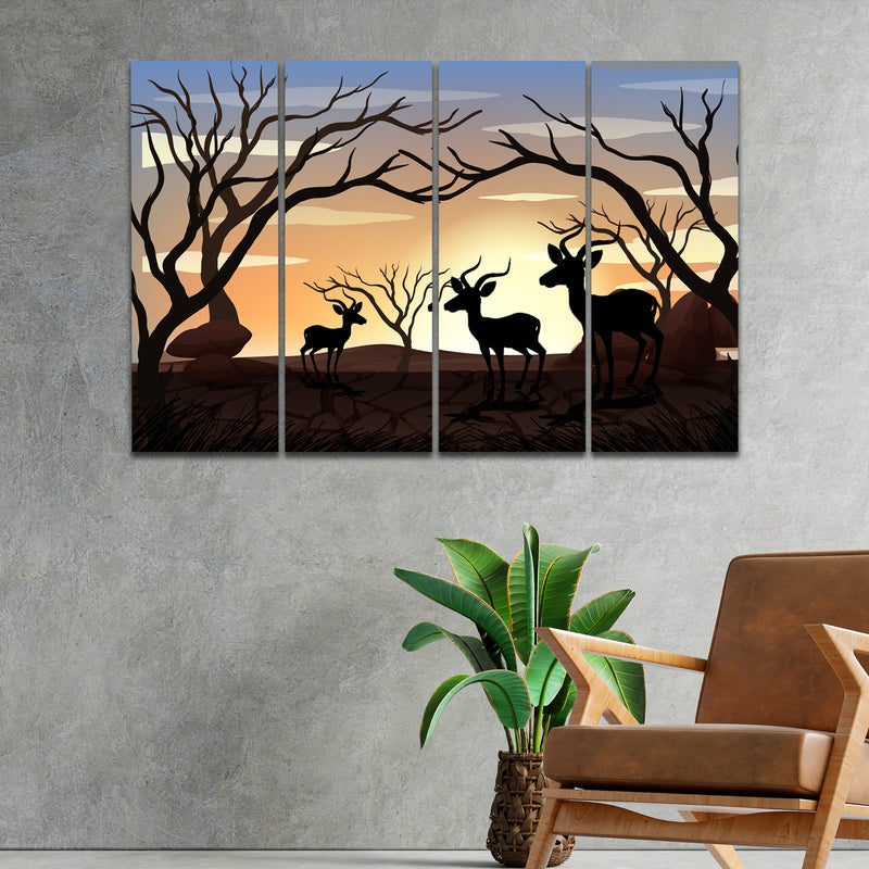 Sun Rise And Deer In 4 Panel Painting