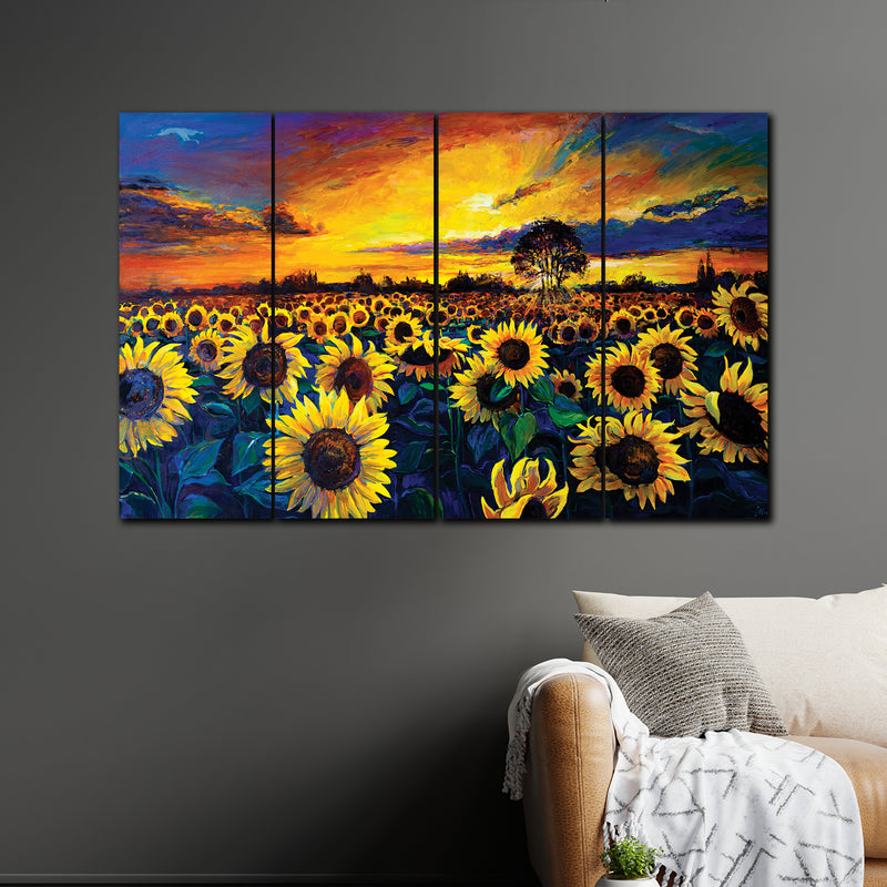 Abstract Beautiful Sunflower Field In 4 Panel Painting
