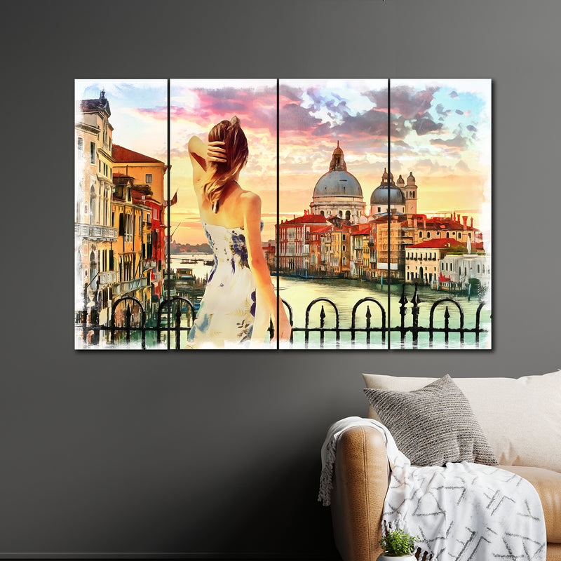 Girl In City View Abstract Art In 4 Panel Painting
