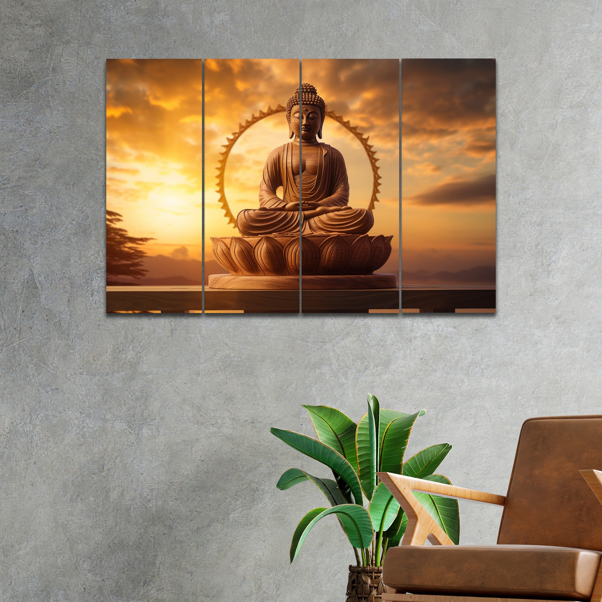 Buddha Statue And Sun Rise In 4 Panel Painting