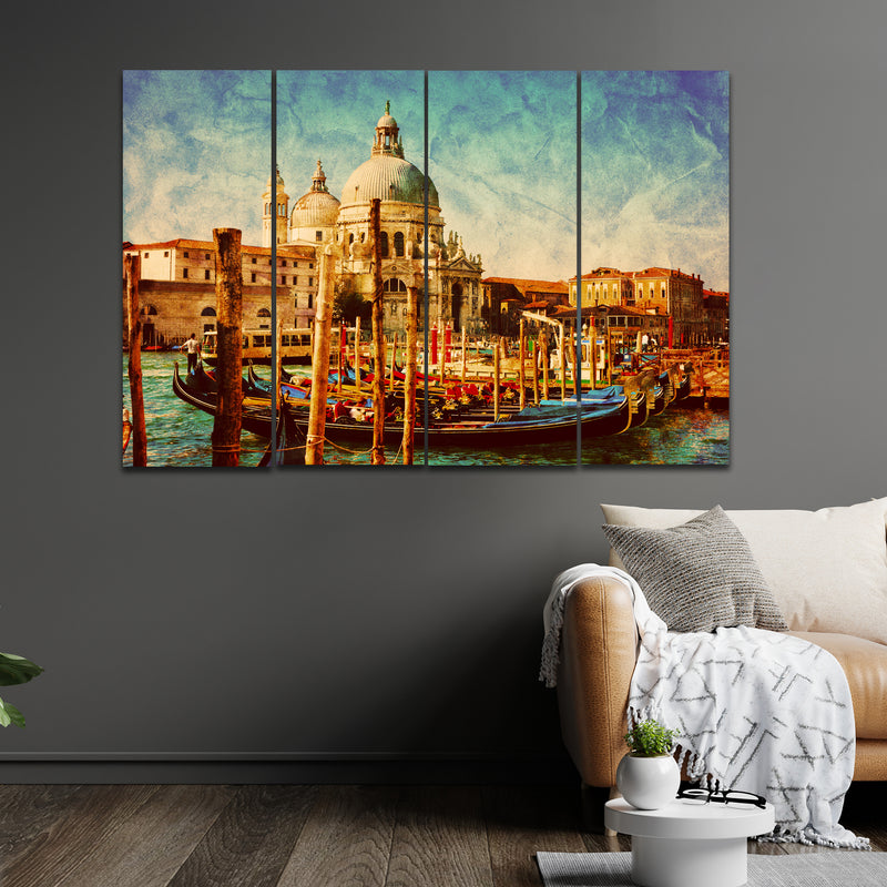 Ganga River Boat  In 4 Panel Painting