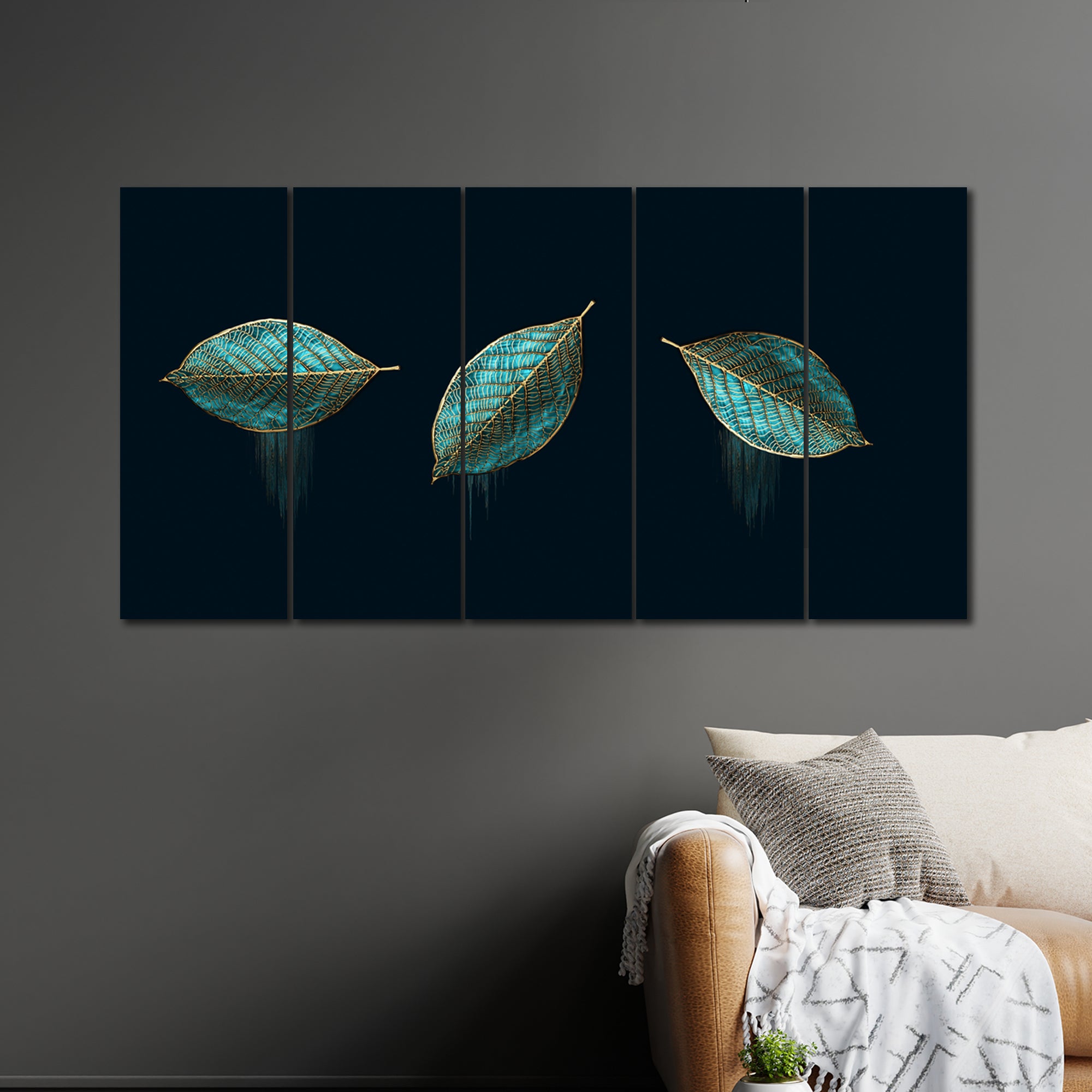 Luxurious Abstract Art of Modern Green Leaves In 5 Panel Painting