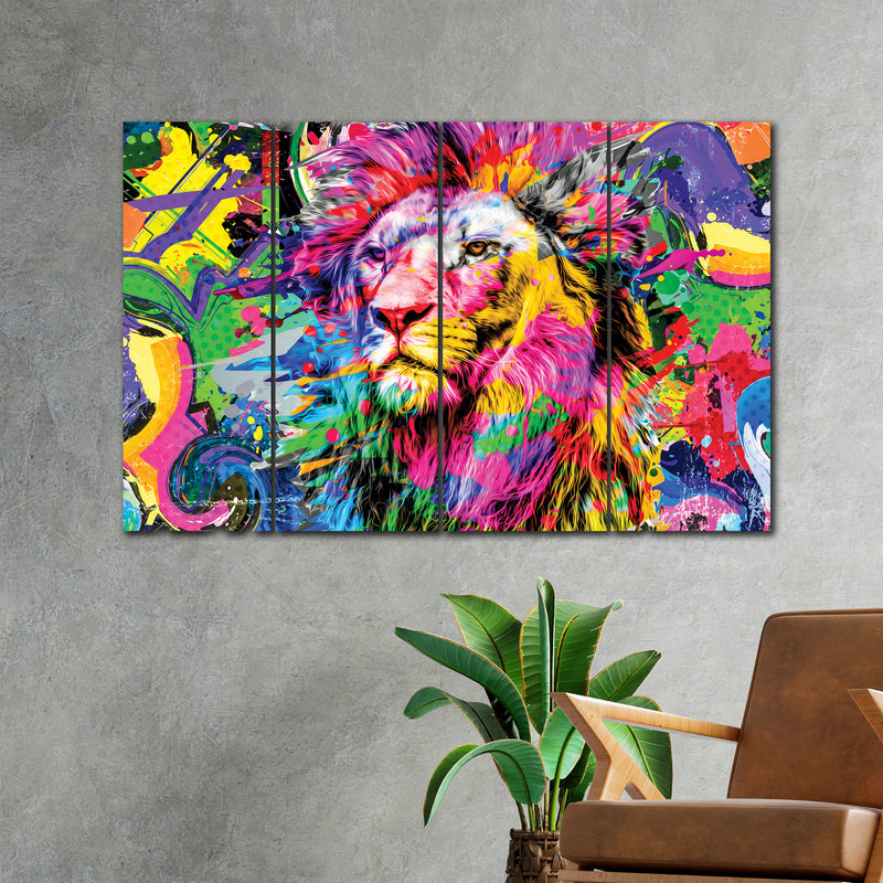 Colorful Lion In 4 Panel Painting