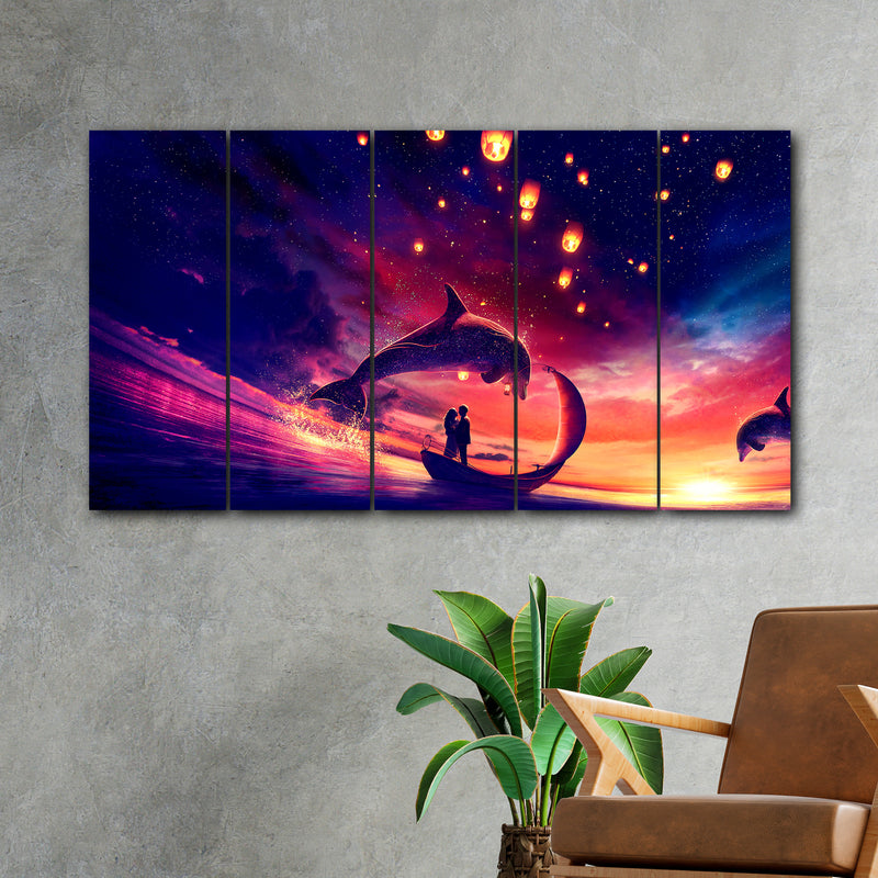 Dolphin And Culper Sunset In 5 Panel Painting