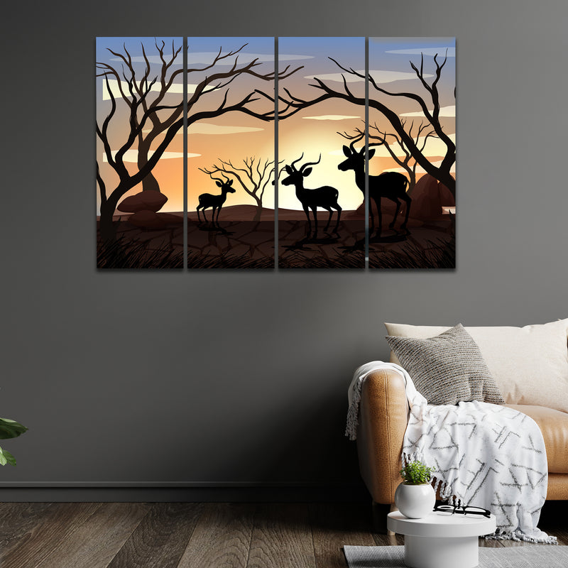 Sun Rise And Deer In 4 Panel Painting