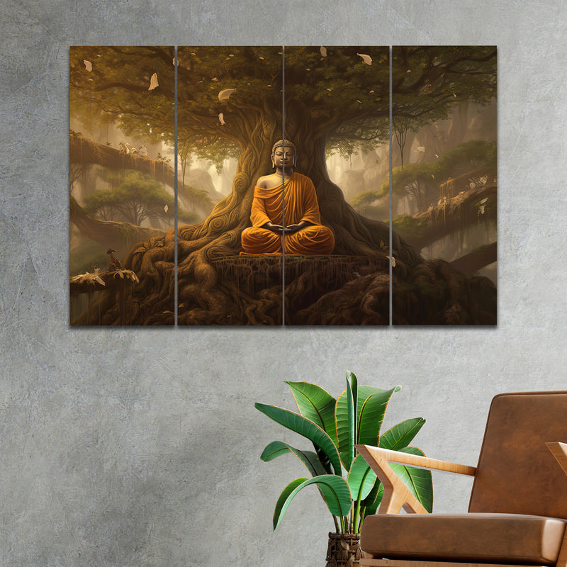 Meditating Lord Buddha In 4 Panel Painting