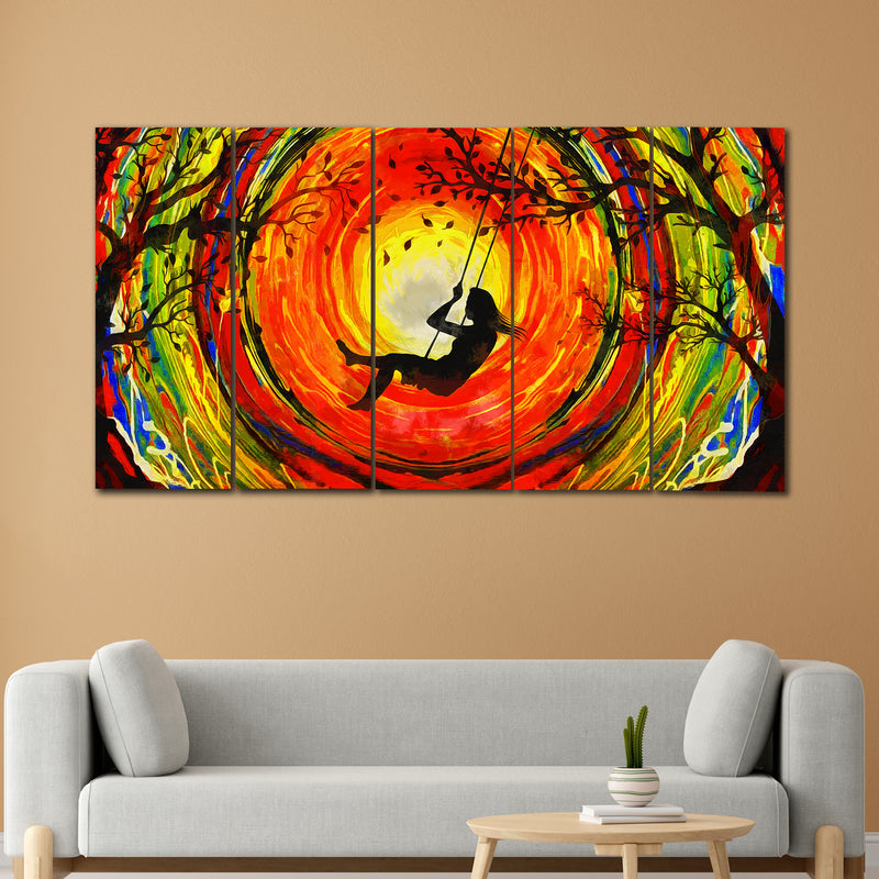 Happy Girl On Tree Swing In Autumn With Leaves In 5 Panel Painting