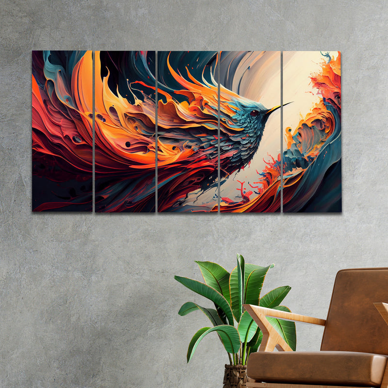 Abstract Wildlife Colorful Bird In 5 Panel Painting