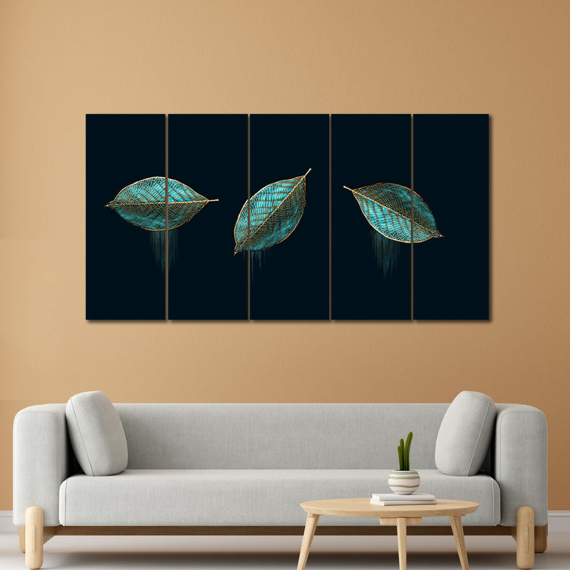 Luxurious Abstract Art of Modern Green Leaves In 5 Panel Painting