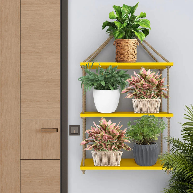 Planter Shelf Wooden Wall Hanging With Rope (Yellow Color)