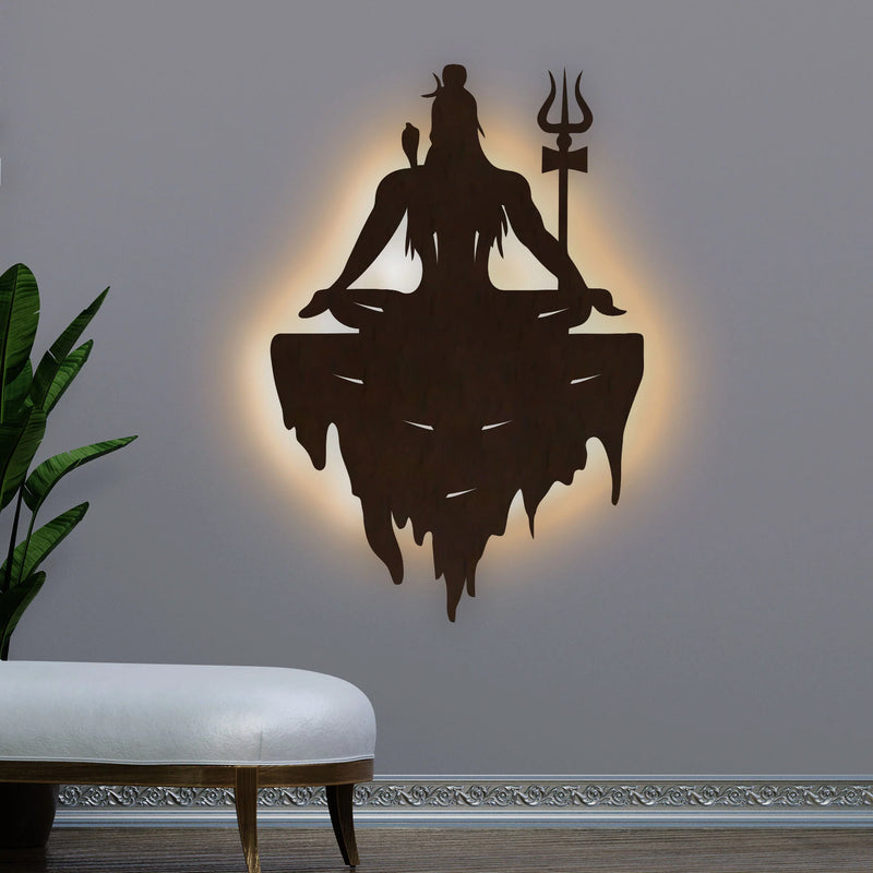 Adiyogi Mahakal Lord Shiva Premium Backlit Design Wooden Wall Hanging with LED Night Light Walnut Finish
