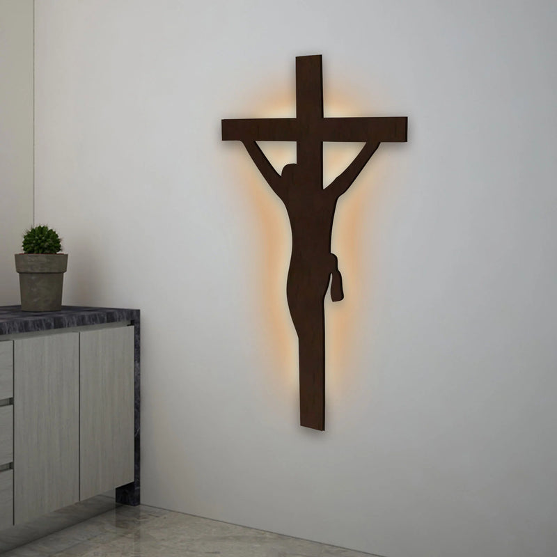 Jesus Crosses Backlit Wooden Wall Hanging with LED Night Light Walnut Finish