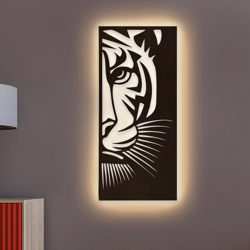 Tiger Face Art Backlit Wooden Wall Decor with LED Night Light Walnut Finish