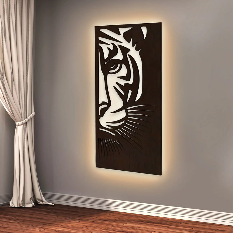Tiger Face Art Backlit Wooden Wall Decor with LED Night Light Walnut Finish