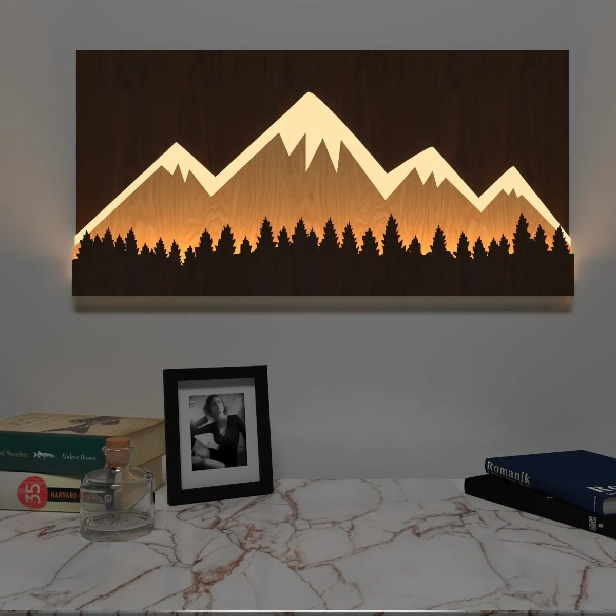 Snow-capped Mountain Backlit Wall Art / Night Light, Walnut or Oak Finish