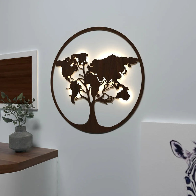 The World Map Tree Backlit Wall Art/ Night Light, Walnut Finish