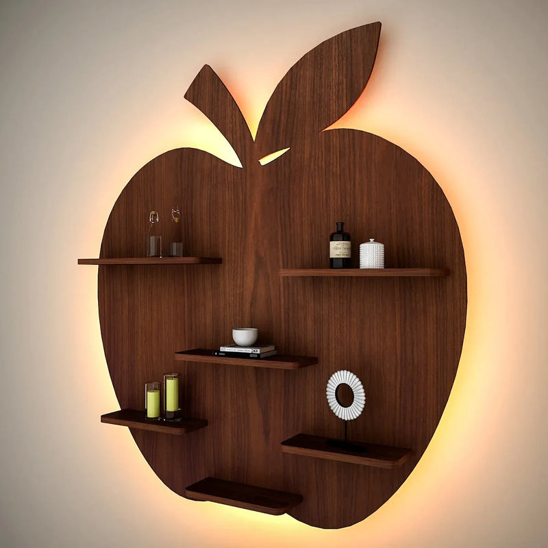 Apple Shape Backlit Wood Wall Shelf / Book Shelf / Night Light, Walnut Finish
