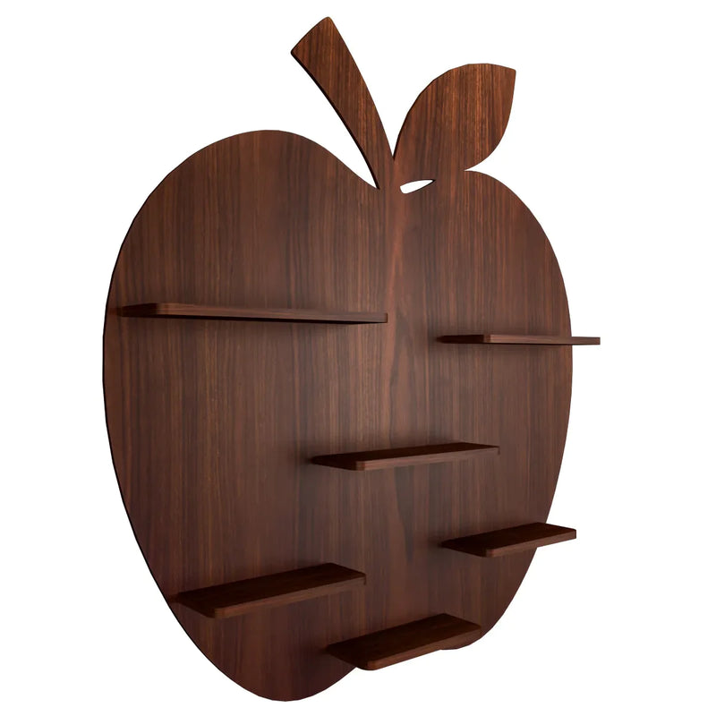 Apple Shape Backlit Wood Wall Shelf / Book Shelf / Night Light, Walnut Finish