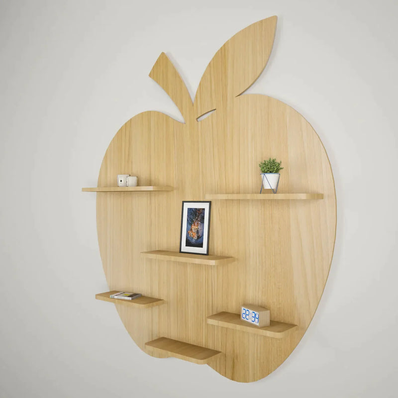 Apple Shape Backlit Wood Wall Shelf / Book Shelf / Night Light, Light Oak Finish