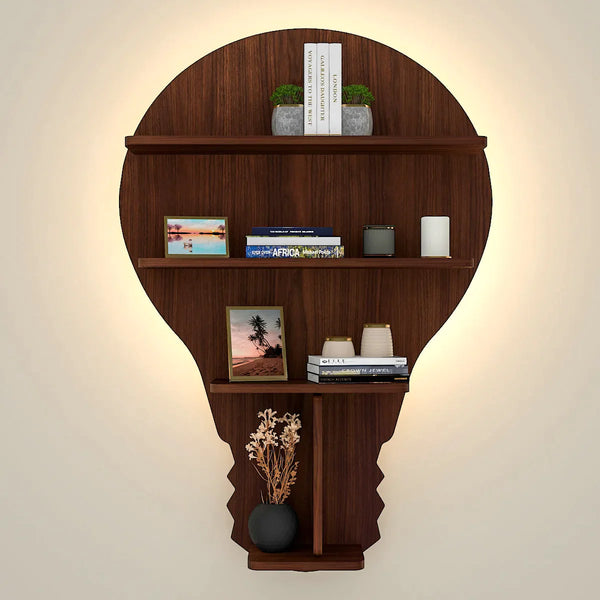 Bulb Shape Backlit Wood Wall Shelf / Book Shelf / Night Light, Walnut Finish