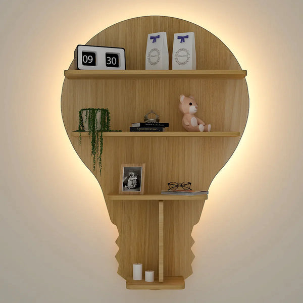 Bulb Shape Backlit Wood Wall Shelf / Book Shelf / Night Light, Light Oak Finish