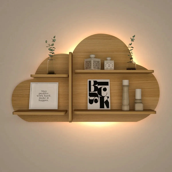 Cloud Shape Backlit Wood Wall Shelf / Book Shelf / Night Light, Light Oak Finish